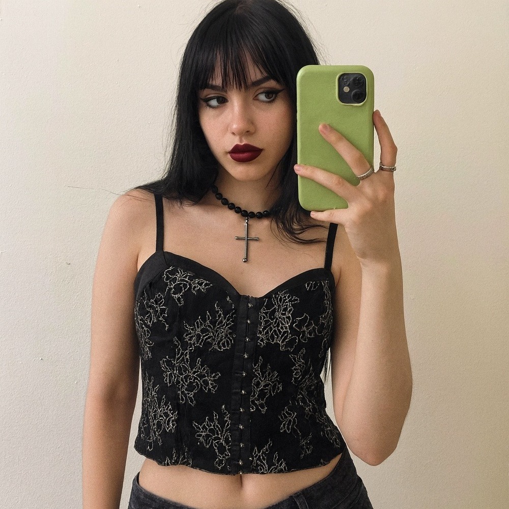 Vintage Y2K Bebe Corset Top Womens Large Black Floral Lace Goth Witchy Vtg Cami‎